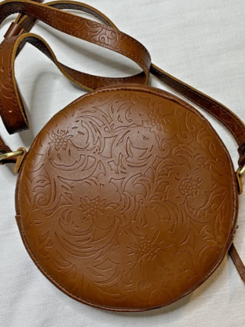 Portland Leather Goods Large 9” Circle Crossbody Bag Embossed Brown Meadow